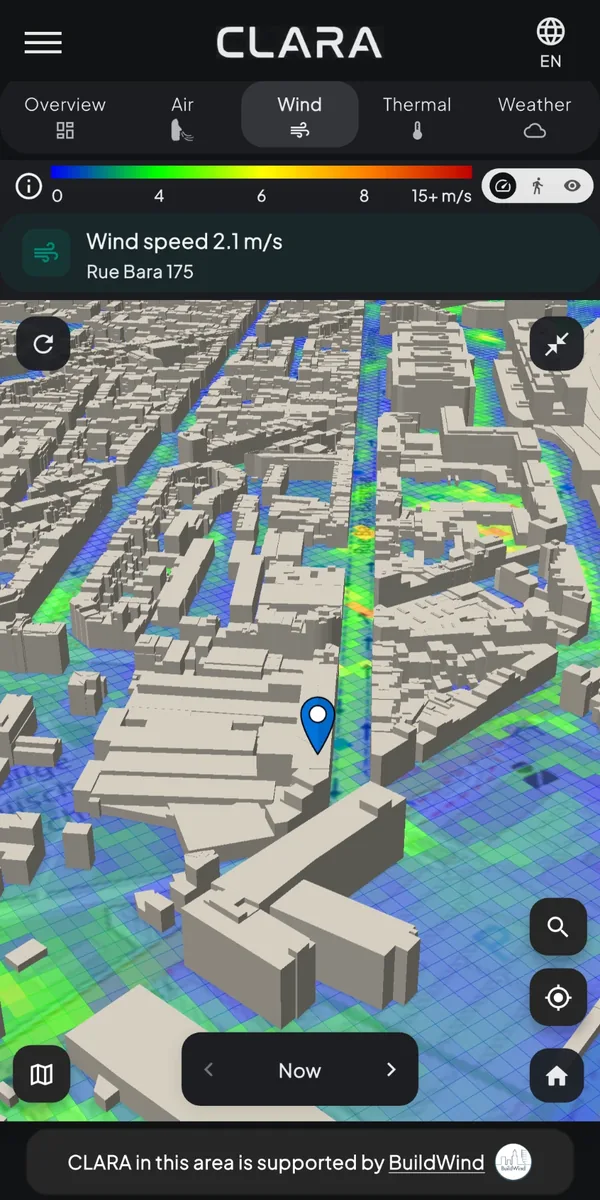 CLARA-app: wind speed at street level