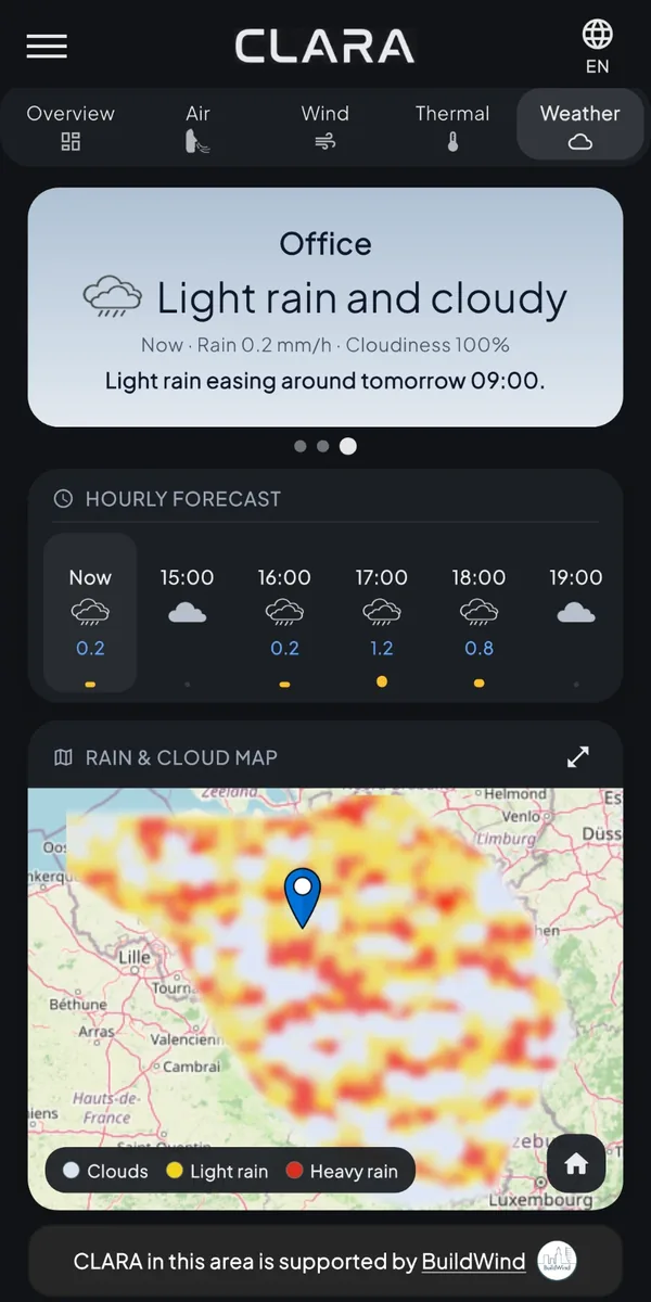 CLARA-app: weather, hourly forecast and rain map