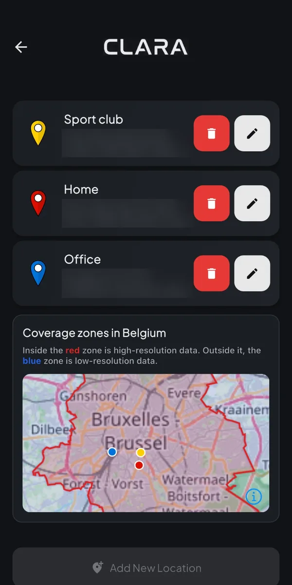 CLARA-app: your saved places and the Brussels coverage zone